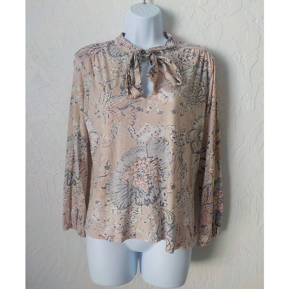 Lucky Brand Pullover Floral Pink Blouse Tie Bow V-Neck Long Sleeves Women Small
